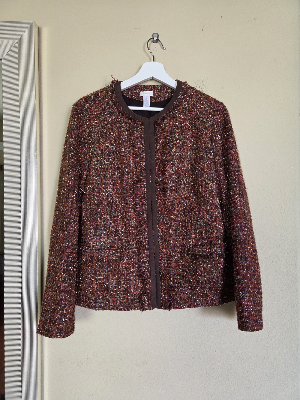 Chico's Multicolor Metallic Tweed Bouclé Jacket with Brown Trim